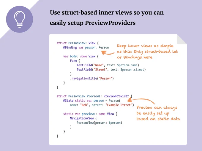 Tipp: Use struct-based inner views so you can easily setup PreviewProviders