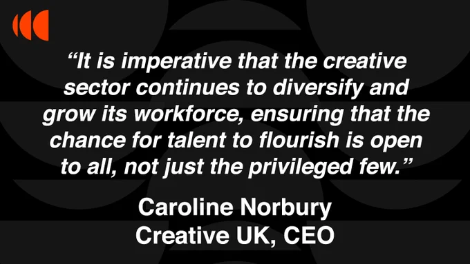 A black background with grey semicircles of various sizes. Text reads: It is imperative that the creative sector continues to diversify and grow its workforce"