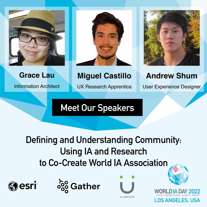 Images: Grace Lau, Miguel Castillo, Andrew Shum of DIA. Text: Topic of talk, "Defining and Understanding Community: Using IA and Research to Co-Create World IA Association."
