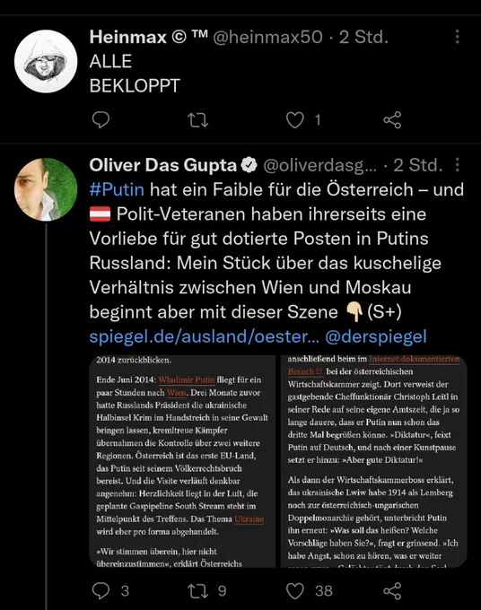 Screenshot meiner Twitter-Timeline, der den Tweet "ALLE BEKLOPPT" von @heinmax50 über dem Tweet von Oliver Das Gupta zeigt