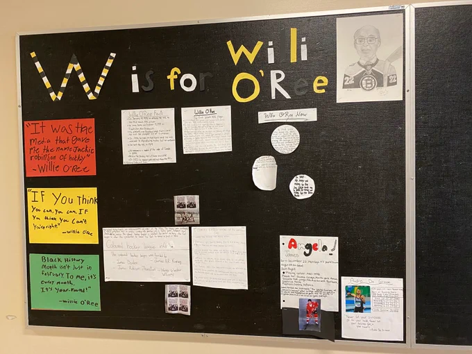 Bulletin board with facts about Willie O’Ree. 
