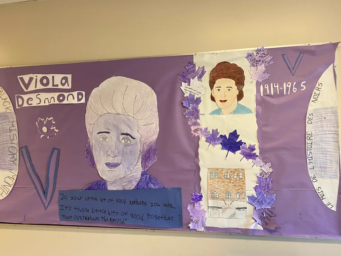 Bulletin board made to look like a Canadian 10$ bill with Viola Desmond. 