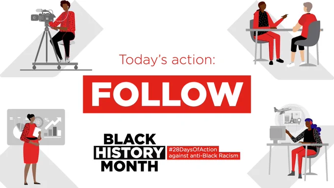 Spot illustrations of: camera person, business person, counsellor and telecommunications.  Words: Today's action Follow, Black History Month, #28DaysOfAction against anti-black racism