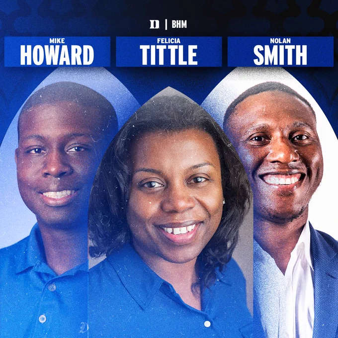 Graphic recognizing Cook Society Award winners and current Duke Athletics staff members Mike Howard, Felicia Tittle, and Nolan Smith.