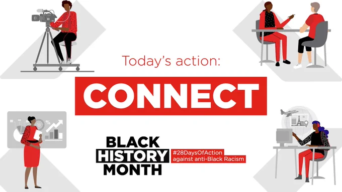 Spot illustrations of: camera person, business person, counsellor and telecommunications.  Words: Today's action Connect, Black History Month, #28DaysOfAction against anti-black racism