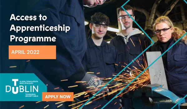 Photo of male and female apprentices watching a welding demonstration with text saying - Access to Apprenticeship commencing in April 2022. Apply Now.