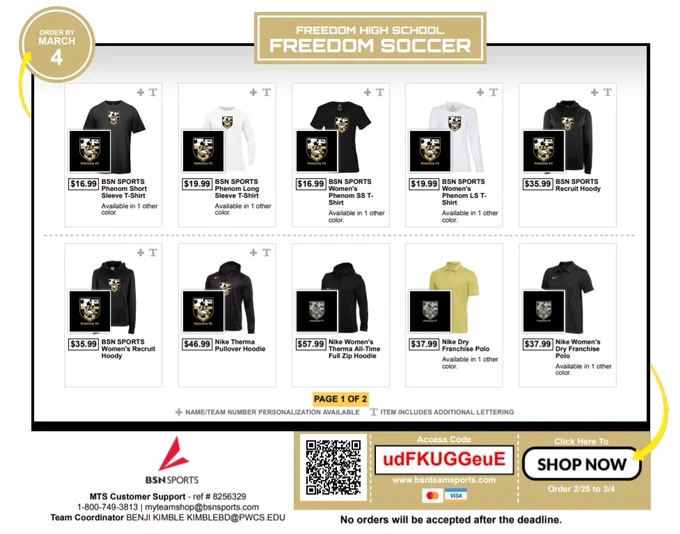 Photo of the merchandise offered in the Freedom FC Online Team Store