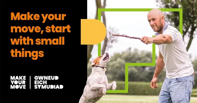 Make you move, start with small things. Picture of a man playing fetch with his dog.