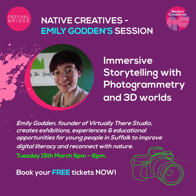 [Image Description: Dark purple poster with Festival Bridge’s Logo and Native Creative’s Logo, Image of Emily Godden and neon paint splatter, continuous line drawing.]⁠