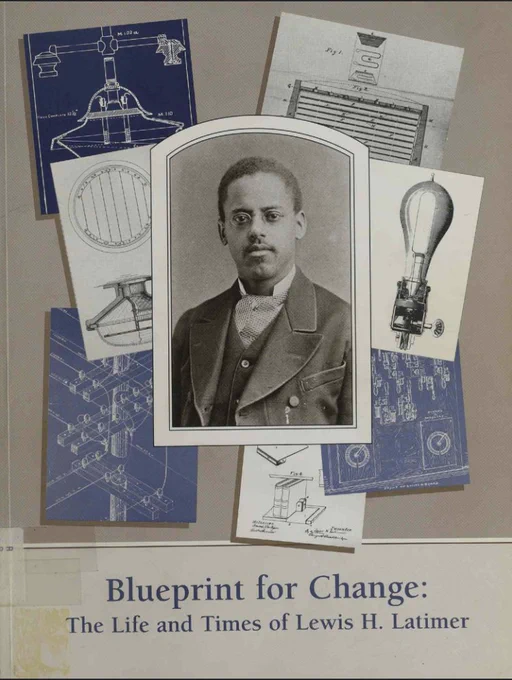 A book cover with a collage of images that show technical drawings for a light bulb and other inventions, under a photograph in the center of inventor Lewis H. Latimer, a Black man in a suit with small spectacles.
