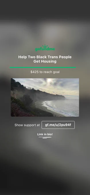A GoFundMe made flyer for my fundraiser. The title says “help two black trans people get housing” there’s 425 left to reach goal.  In the middle a photo of the ocean at a cliff. And the link sits at the bottom.