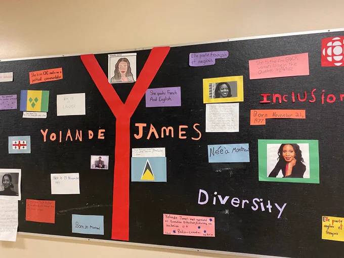 Bulletin board with photos, drawings and information about Yolande James. 