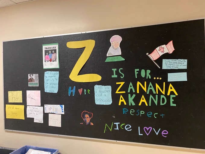 Bulletin board with info and images about Zanana Akande. 