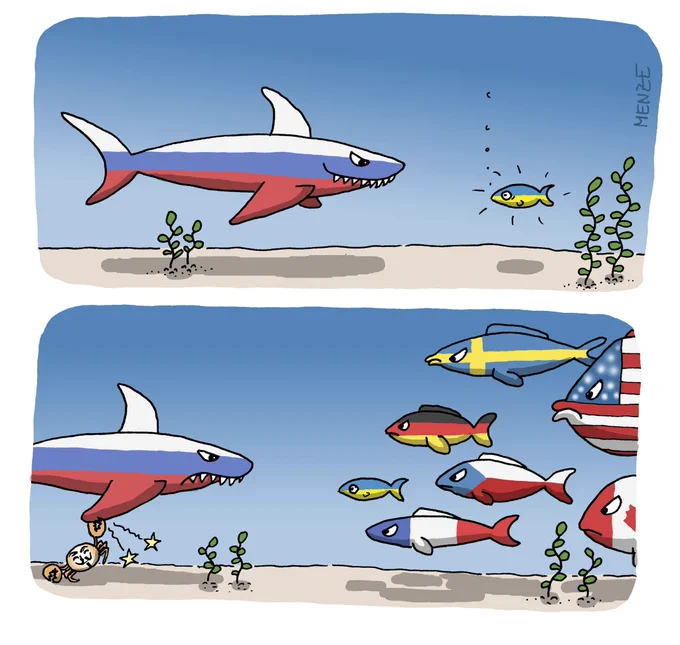 Es sind zwei Panels zu sehen: Im ersten ein Hai in Russlandfarben, der böse lächelnd auf eine alleine schwimmenden kleinen erschreckten Fisch in Ukraine-Farben schaut. 
Im zweiten Bild schaut der Hai verärgert, denn es sind Fische in anderen Flaggenfarben (Tschechien, Frankreich, Rumänien, USA, Canada, Deutschland...) gekommen und schwimmen dem kleinen Fisch zur Seite. Außerdem zwickt den Hai eine kleine Anonymuskrabbe in die Flosse.