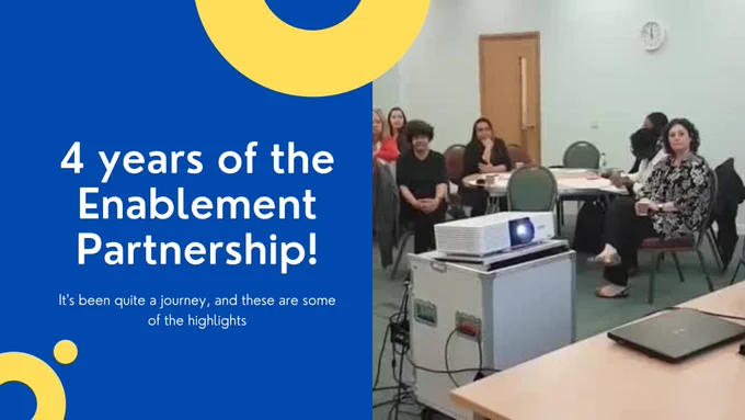 Poster reads: 4 years of the Enablement Partnership! It's been quite a journey, and these are some of the highlights.