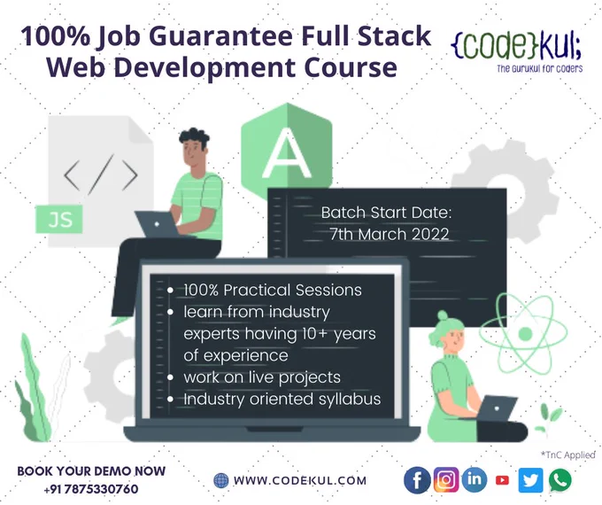 Learn full-stack web development course at CodeKul with 100% job guarantee placement. Achieve your dream job to learn the practical concept at CodeKul. A new batch will start from 7th March 2022. Enroll your name for a new batch: http://www.codekul.com/full-stack-web-developer-course-in-pune.html


For your further queries, you can communicate on call  91 7875330760


#webfullstacktraining #fullstackweb #FullStackWebDeveloper #webdevelopmentjobs #webdeveloperjobs #ReactJS #reactjobs

#nodejs #nodejsdeveloper #nosejob #mernstackjobs #mernstack #frontenddeveloper #frontend #backend #backenddeveloper #fullstackdeveloper #fullstackengineer #fullstackdevelopment #graduatejobs #CourseafterGraduation #computerengineering #computerengineer #traininganddevelopment #trainingandplacement #softskillstraining #resumewriter #reacttraining #onlinetraining #onlinetrainingprogram #classroomtraining #codekulplacement #Codekul #dreamjob #enterprenuership #internship #internshipopportunity