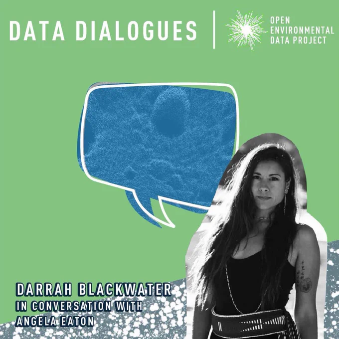 Darrah Blackwater is standing facing you wearing a tank top, a delicate bead necklace, long traditional earrings and a woven skirt. Darrah has a direct look, long wavy hair that goes down to her waist, and, on one of her arms, a flower tattoo with some writing. Above Darrah is "Data Dialogues" and the starburst logo for OEDP. At bottom of the image is the text "Darrah Blackwater in conversation with Angela Eaton."