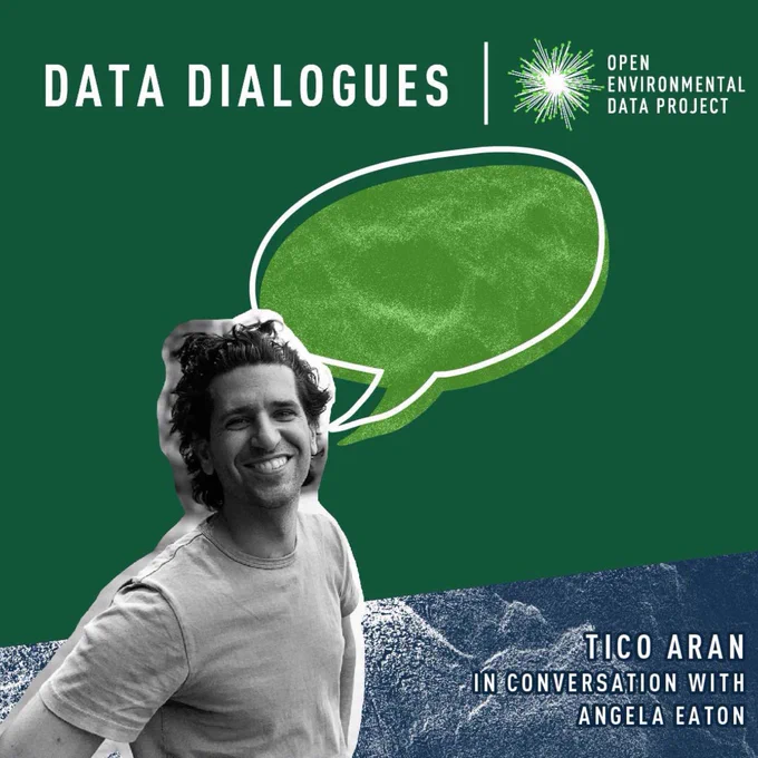 Tico Aran is proudly standing with hands on hips and has a speech bubble coming from his mouth showing that he is talking with you. Tico has wavy black hair brushed off of his face and is wearing a t-shirt. He is smiling like a friend inviting you in. Above Tico are the words "Data Dialogues" and the starburst logo for OEDP. At the bottom of image reads "Tico Aran in conversation with Angela Eaton."