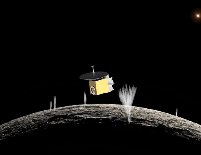 The Encelascope spacecraft is shown orbiting Enceladus during the science phase of the mission. The ASTROBi Foundation is a U.S non-profit private operating foundation headquartered in the Denver Colorado metro area. Its mission is to advance humanity's understanding of the emergence of life in the Universe and pursue by funding and conducting astrobiology, planetary science, and basic research programs. 
Advanced Space is helping them focus on a study to reducing the cost of the ground system required for a mission to Enceladus, and another study is focused on modeling a multi-body trajectory and navigation to reach Enceladus. These studies are critical to ensuring the affordability of the mission.