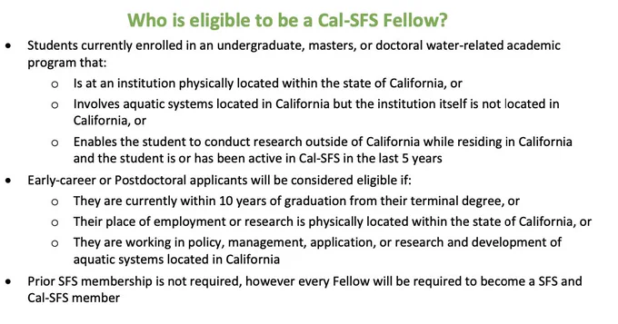 screenshot of the eligibility section of the PDF application that may be found at the link. Undergraduates, masters, and doctoral students in water-related academic programs are eligible. Early career or postdoc applicants may also be eligible. See the application for details! Please DM us if there are questions. 