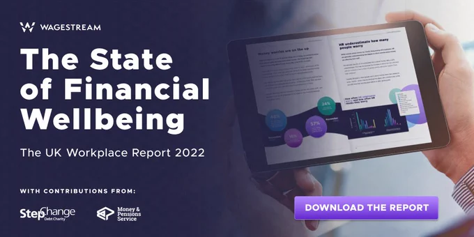 Graphic shows 'The State of Financial Wellbeing' alongside an image of hands holding the report on a tablet.