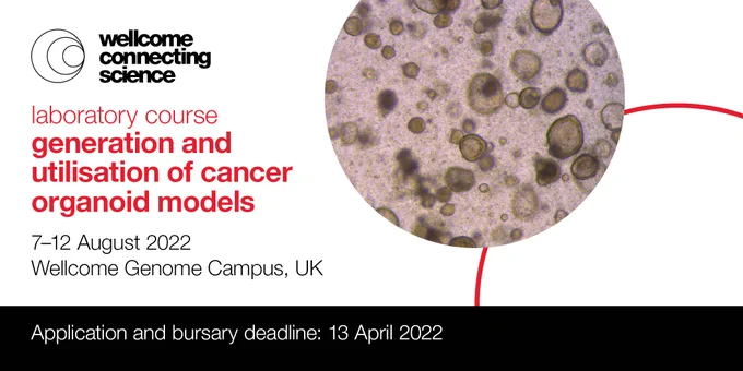 Wellcome Connecting Science Laboratory Course
Generation and Utilisation of Cancer Organoid Models
Dates: 7-12 August 2022

Application and bursary deadline is 13 April 