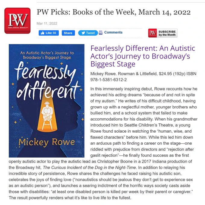Transcription: Fearlessly Different: An Autistic Actor’s Journey to Broadway’s Biggest Stage
Mickey Rowe. Rowman & Littlefield, $24.95 (192p) ISBN 978-1-5381-6312-2
In this immensely inspiring debut, Rowe recounts how he achieved his acting dreams “because of and not in spite of my autism.” He writes of his difficult childhood, having grown up with a neglectful mother, younger brothers who bullied him, and a school system that failed to make accommodations for his disability. When his grandmother introduced him to Seattle Children’s Theatre, a young Rowe found solace in watching the “human, wise, and flawed characters” before him. While this led him down an arduous path to finding a career on the stage—one riddled with prejudice from directors and “rejection after gaslit rejection”—he finally found success as the first openly autistic actor to play the autistic lead as Christopher Boone in a 2017 Indiana production of the Broadway hit, The Curious Incident of the Dog in the Night-Time.