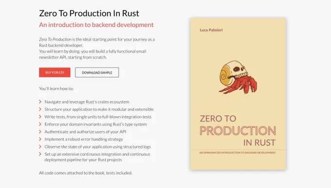 Screenshot of https://zero2prod.com, the landing page for Zero To Production In Rust