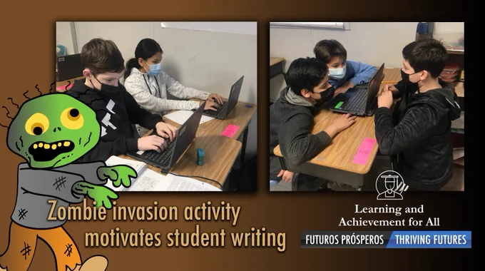 Students pictured working on projects. Cartoon zombie in lower left corner. Text reads: Zombie invasion activity motivates student writing.