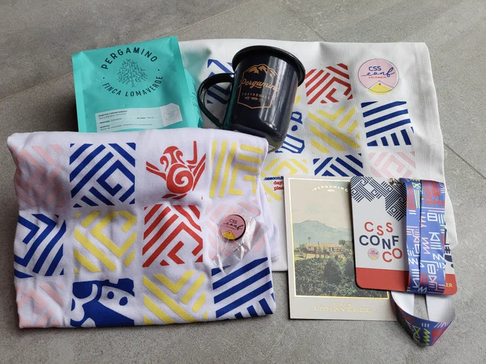 CSSConf Colombia totebag, tshirt, and a bag of Pergamino coffee