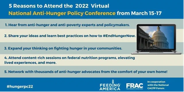 List of 5 reasons to attend the Virtual National Anti-Hunger Policy Conference on March 15-17.