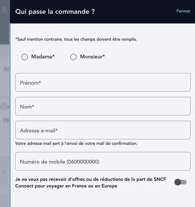 case à cocher "Je ne veux pas recevoir d'offres ou de réductions de la part de SNCF Connect pour voyager en France ou en Europe" non coché par défaut