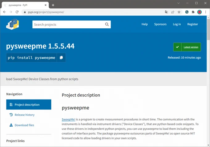 Python package index (PyPI) website of pysweepme