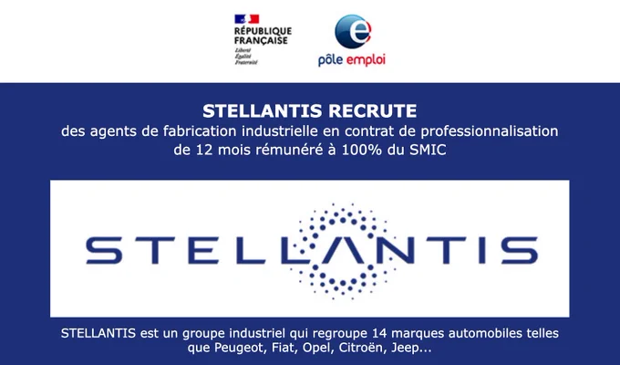 [#AvecPôleEmploi] 📣 @StellantisFR recrute des agents de fabrication industrielle en contrat de professionnalisation de 12 mois rémunéré à 100% du SMIC 🚀

📅 le mercredi 30 mars
🕐 de 9h à 10h

Participez au webinaire📲💻⏩ http://plmpl.fr/c/e8m62

#TousMobilisés