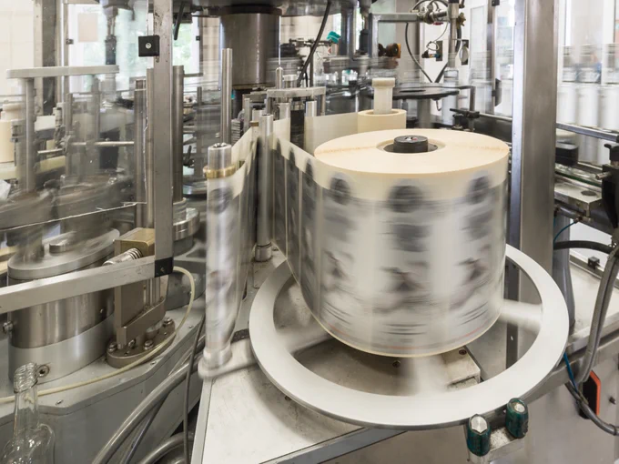 The inside of a label-making factory, with a collection of wine bottle labels being spun around on a wheel during production. 