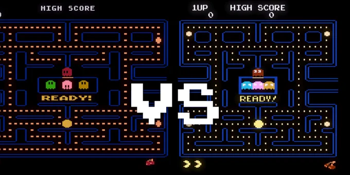 The left side shows the original Pac-Man release (1982), while the right is the Pac-Man Arcade release from 2012.