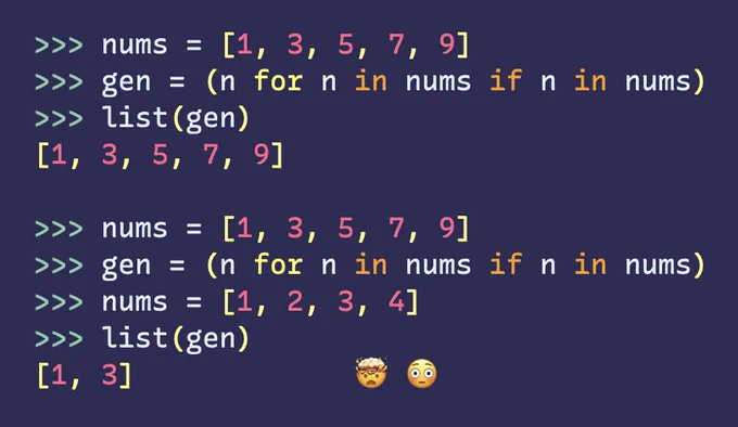 Demonstration of confusing generator results. Full text at https://gist.github.com/nedbat/6924b7b7e1206df1427cb37d22c2232b