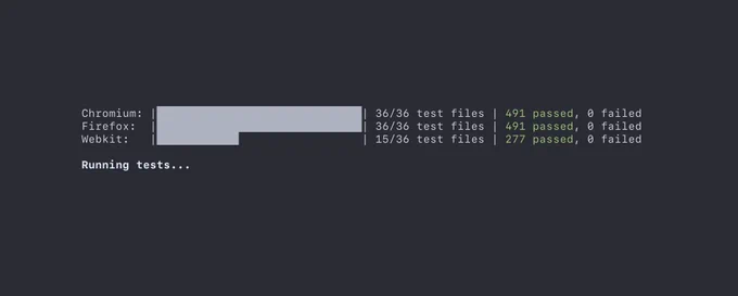 Terminal output:

Chromium: 36/36 test files 491 passed, 0 failed
Firefox: 36/36 test files 491 passed, 0 failed
Webkit: 15/36 test files 277 passed, 0 failed

Running tests...