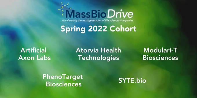 MassBioDrive List of Selected companies for the Spring 2022 cohort. Artificial Axon Labs, Atorvia Health Technologies, Modulari-T Biosciences, PhenoTarget Biosciences, and SYTE.bio