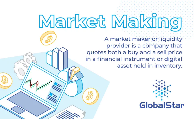 A market maker or liquidity provider is a company that quotes both a buy and a selling price in a financial instrument or digital asset held in inventory.