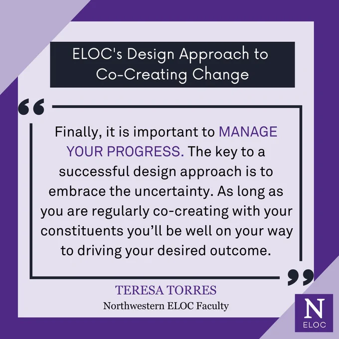 Light purple background with dark purple border; black header with white text reading "ELOC's Design Approach to Co-Creating Change"; followed by a quote in black border reading "Finally, it is important to MANAGE YOUR PROGRESS. The key to a successful design approach is to embrace the uncertainty... As long as you are regularly co-creating with your constituents... you’ll be well on your way to driving your desired outcome.” TERESA TORRES Northwestern ELOC Faculty; dark purple square Northwestern ELOC logo in the bottom right-hand corner.