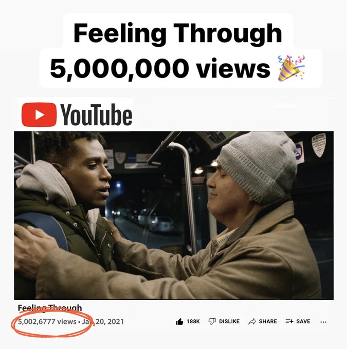 A still from YouTube of a middle aged Hispanic man (right) with his hands on the shoulders of a young Black man (left). They wear winter coats and are on a bus. Above reads: Feeling Through 5,000,000 views