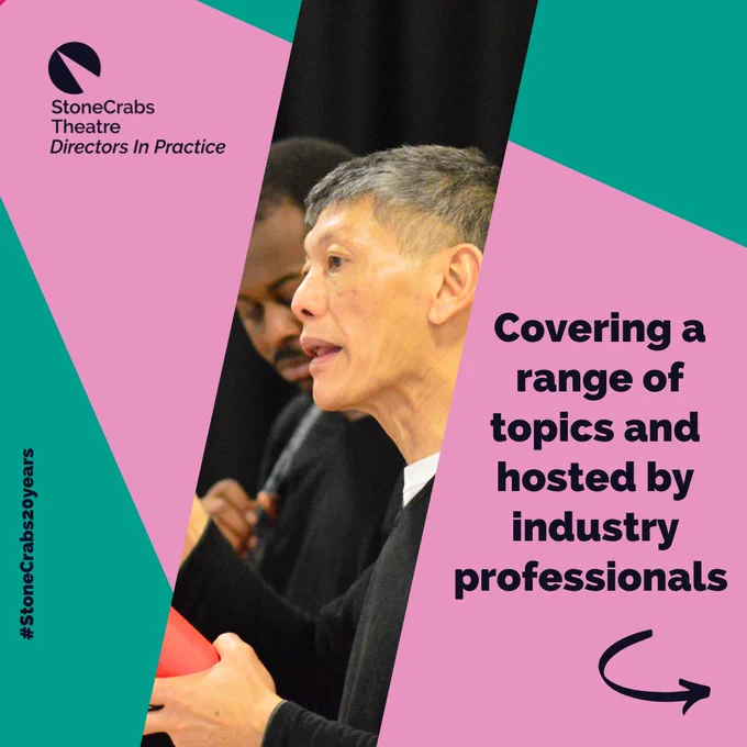 A teal background with a light pink spotlight shining from the upper left. Slightly diagonally from the bottom left corner is a slice of a photo of a Kwong Loke leading a group session. Dark indigo text on the left reads: "Covering a range of topics and hosted by industry professionals." An arrow below this points right. Along the left side of the image is the hashtag #StoneCrabs20years.