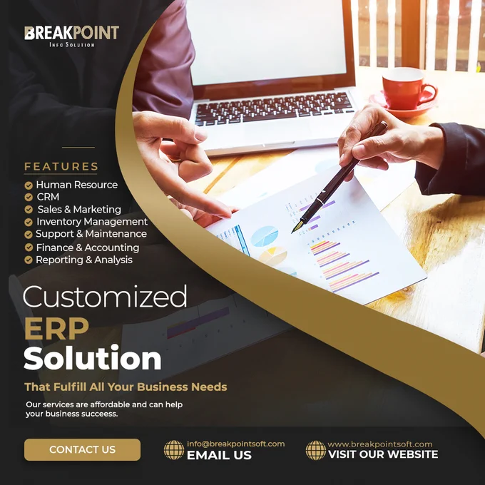 We offer a customized ERP development solution that fulfills all your business needs. 

We will develop a customized solution that helps you streamline your operations by automating the workflow of all departments of the organization and easing data flow with accuracy and speed while maintaining all security standards.

An Erp that has all the necessary features i.e 

#HumanResource
#CRM
#SalesAndMarketing
#InventoryManagement
#SupportAndMaintenance
#FinanceAndAccounting
#ReportingAndAnalysis

We can help you with all your requirements contact us, we would love to hear from you and are happy to answer any questions.

#breakpointsoft #breakpoitinfosolution #softwaredevelopment
