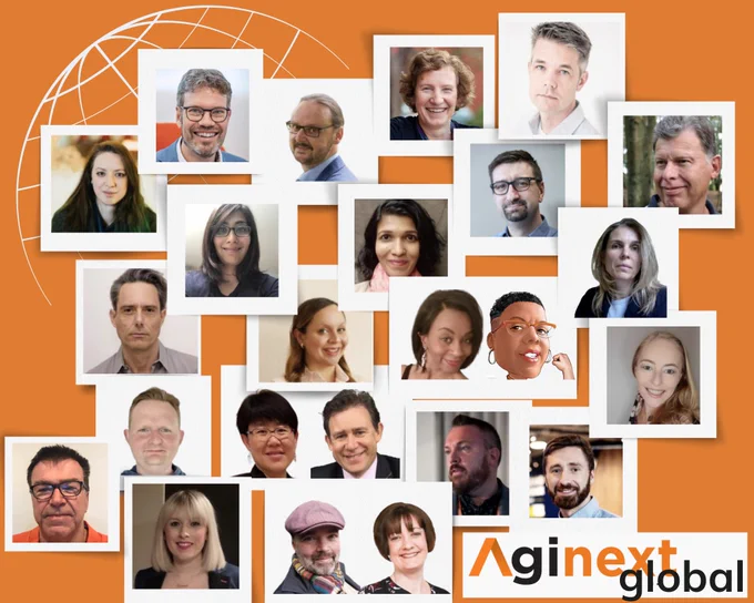 like 30 people smiling with a globe behind and the phrase Aginext global