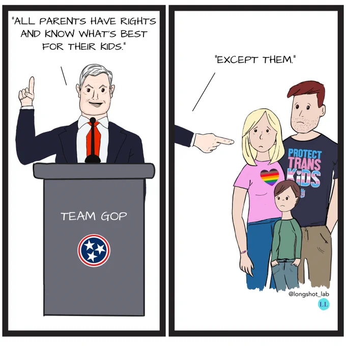 Cartoon, panel 1: White male politician stands behind a podium labeled "Team GOP," with their finger raised to make the point, " All parents have rights and know what's best for their kids."

Cartoon, panel 2: Politician states, "Except them." while pointing to a white couple standing off to the side with their young child, the family all looking very sad. Mom is wearing a pink shirt with a rainbow heart, Dad is wearing a blue shirt with pink and blue "Protect Trans Kids" on the front. 