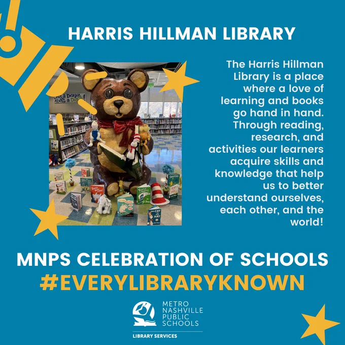 Image of large stuffed bear sitting in the middle of the library surrounded by books!