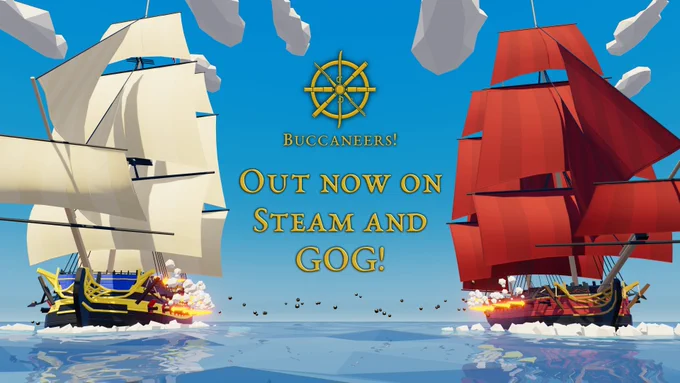 Two ships fighting, with the phrase "Out now on Steam and GOG!"