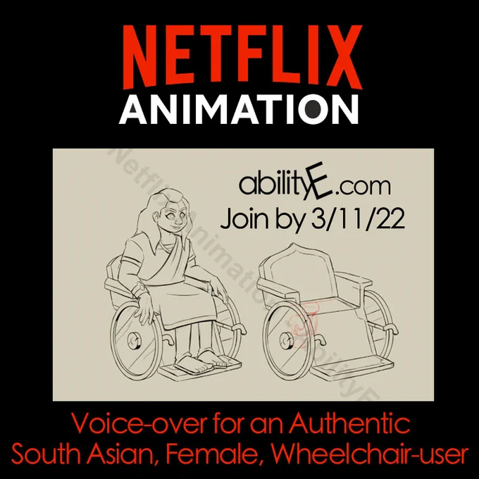 Netflix Animation is looking for a female South Asian Wheelchair User. https://abilitye.com 