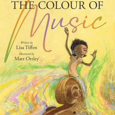 Image shows the cover of a children's picture book: The Colour of Music by Lisa Tiffen and illustrated by Matt Ottley. The cover is predominantly yellow with lightly marbled swirls of other pastel colours. There is a child with brown skin wearing headphones and dancing with eyes closed. And at the bottom of the illustration is a close-up illustration of the scroll-end of a violin. 